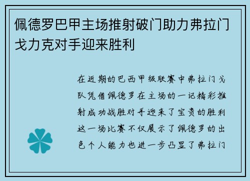 佩德罗巴甲主场推射破门助力弗拉门戈力克对手迎来胜利
